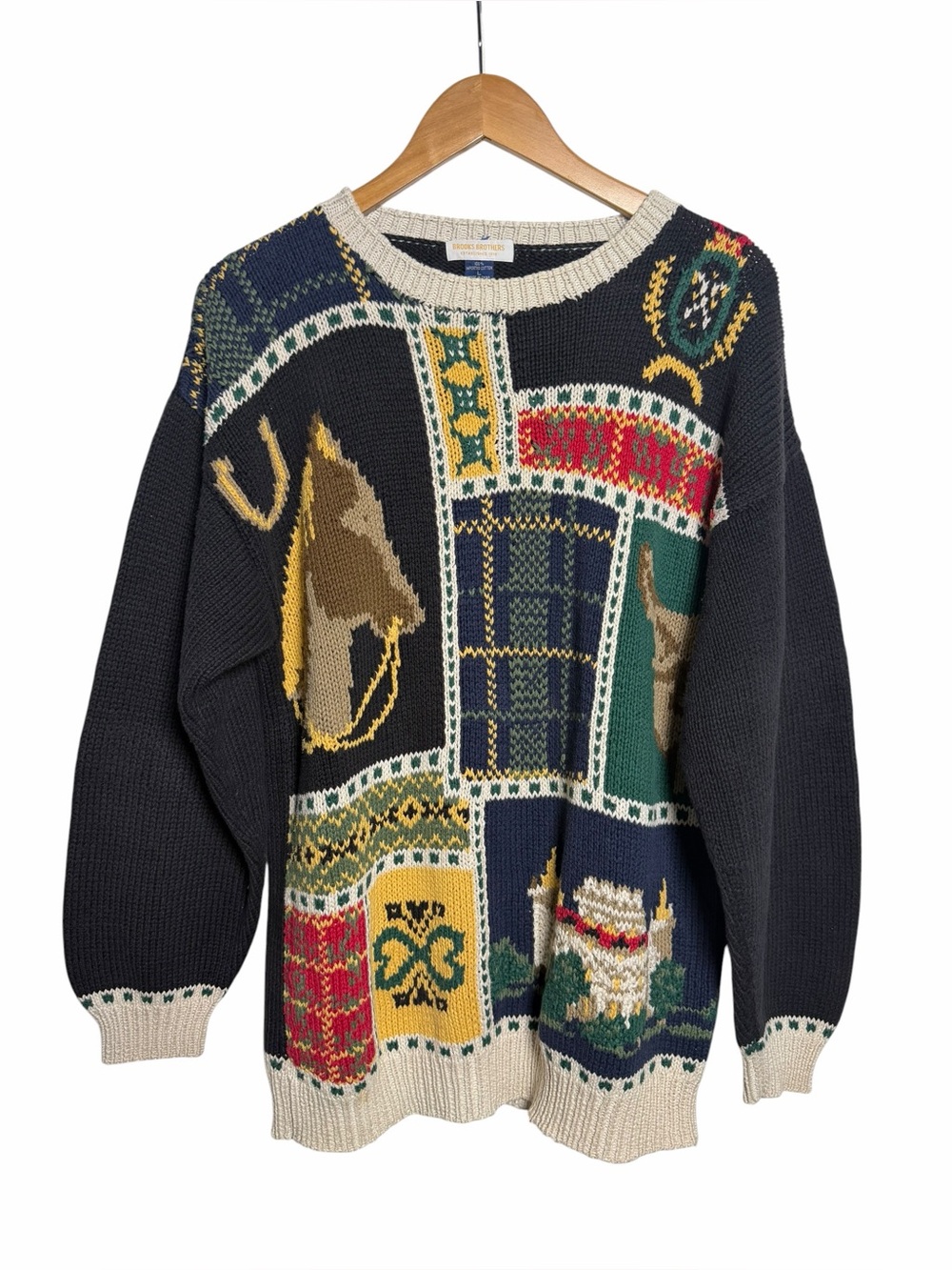 Brooks Brothers Horse Equestrian Patchwork Cotton Sweater Grandpacore Vintage L